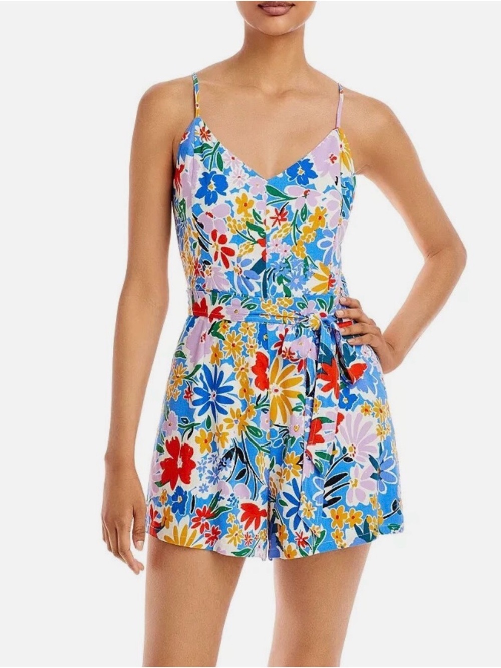 Aqua L58822 Womens Multi Floral Ojai Sleeveless Belted Romper Size M